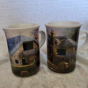 Thomas Kinkade LOT of 2 Illuminating Mugs Lilac Cottage Hollyhock House 6 oz set